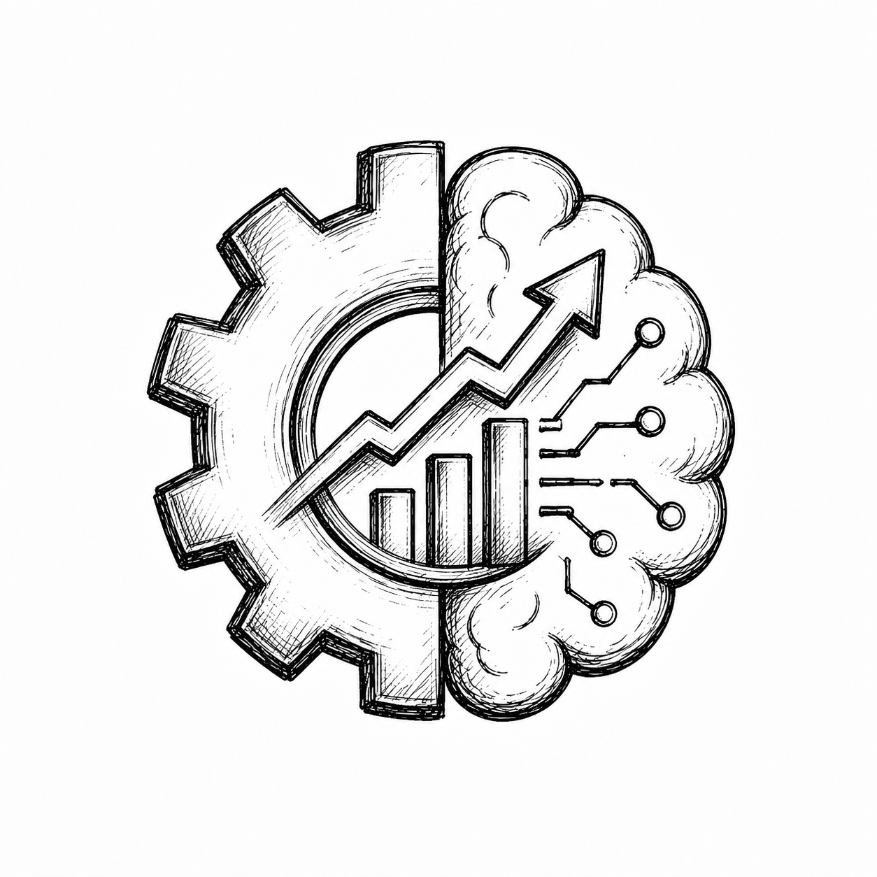 Hand-drawn gear and brain emblem