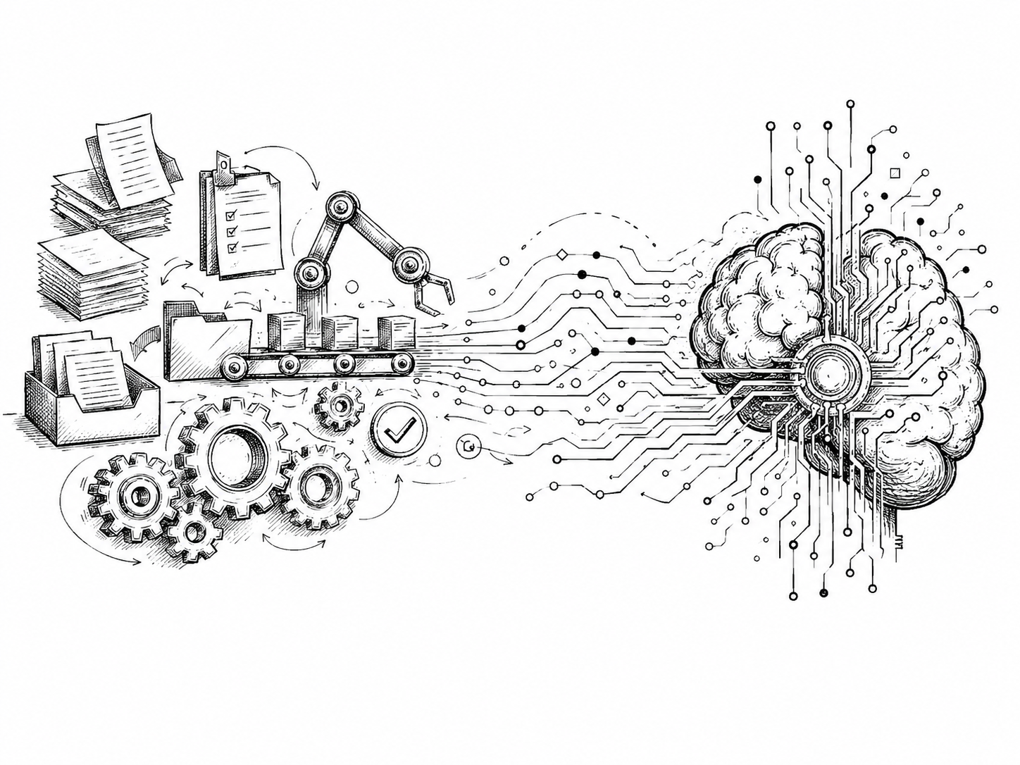 From paperwork grind, through automation, to connected intelligence - hand-drawn illustration
